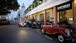 Vintage cars outside the Art Deco Masonic Hotel in Napier