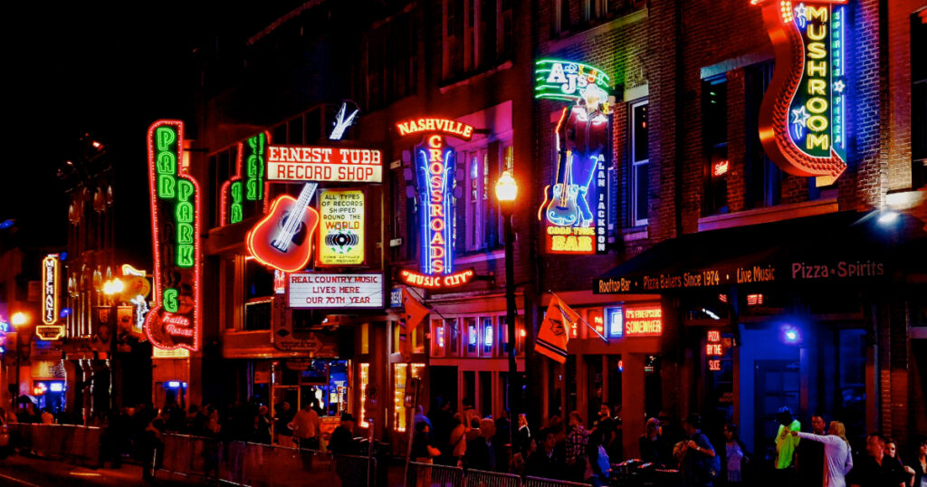 Shutterstock Broadway in Nashville at night.