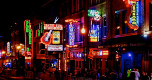 Broadway in Nashville at night.