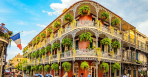 Old french building with typical iron balconies in the french quarter in New Orleans, Louisiana, USA