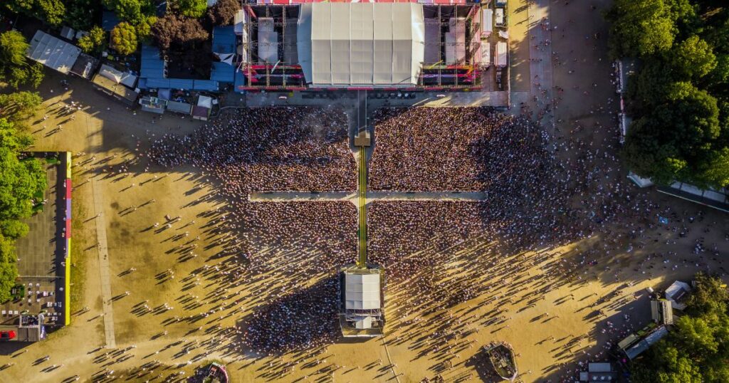 Shutterstock Aerial shot of crowd in front of the main music stage of Sziget Festival