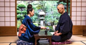 Senior couple lifestyle moments in a traditional japanese house