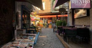 11/28/2019- Ortakoy, Istanbul, Turkey. View of narrow street with souvenir stores.