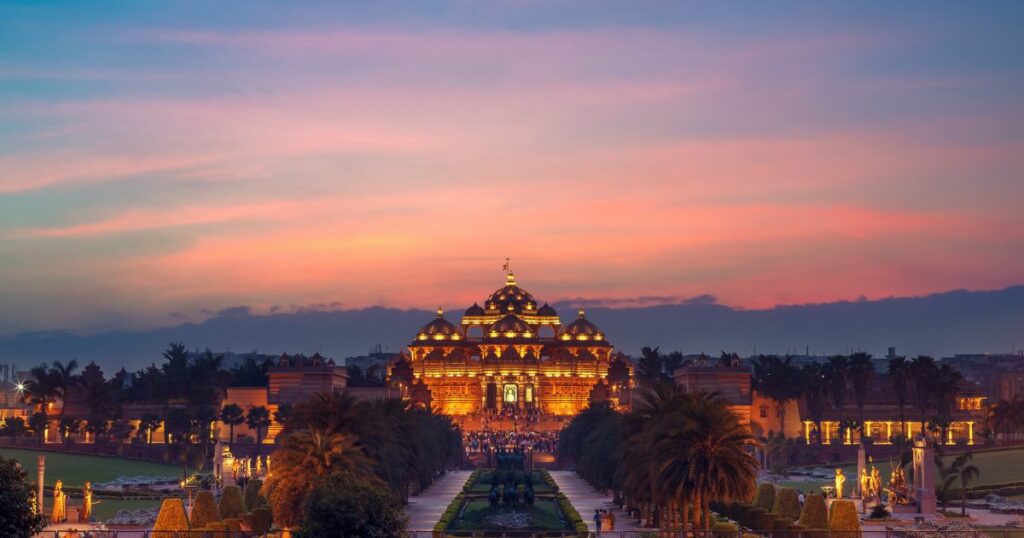 Shutterstock Night view of Akshardham temple in Delhi, India