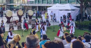 Busan, South Korea, September 13, 2019: performance of traditional korean drummers on Chuseok holiday