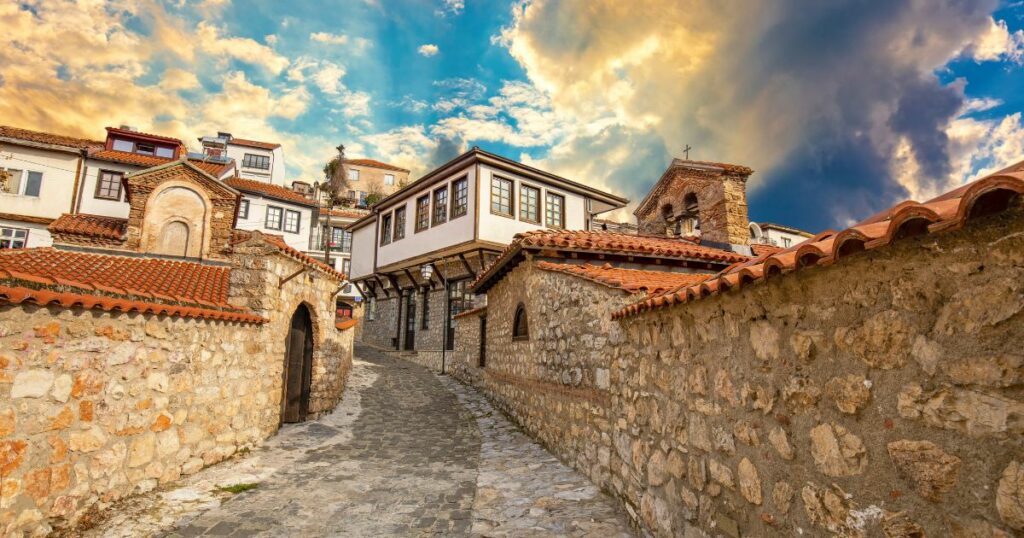 Shutterstock Narrow street in the old town of Ohrid on a beautiful sunset, North Macedonia