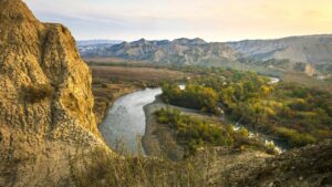 Stunning landscape of river cliffduring sunset in Mijniskure. Vashlovani national park