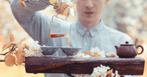 japanese tea ceremony in the spring garden, aroma cherry blossom sakura in asia