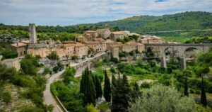 Minerve, France - May 18th 2021: View on the medieval village of Minerve and the surrounding canyon in the South of France (Herault)