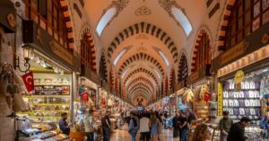 Istanbul, Turkey - May 05, 2023: Inside the Grand Bazaar in Istanbul, Turkey. Grand Bazaar is the largest and oldest covered market, old bazaar in the world.