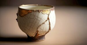 Wabi sabi cup repaired using japanese Kintsugi or Kintsukuroi technique emphasizing the cracks with golden joinery