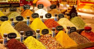 ISTANBUL, TR - Jun 27, 2022: The spices in the Spice Bazaar in Istanbul, Turkey.