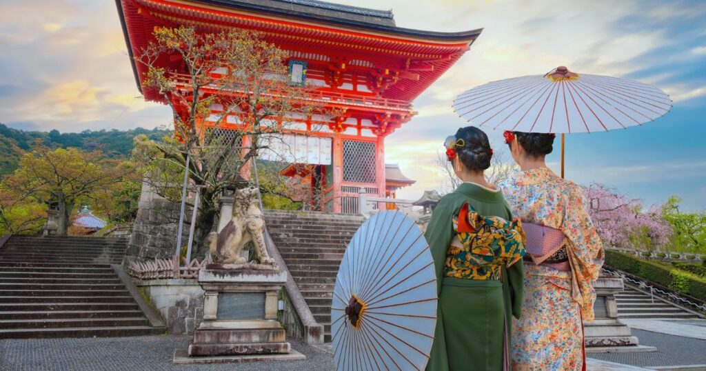 Shutterstock Young Japanese woman in a traditional Kimono dress at Kiyomizu-dera temple in Kyoto, Japan