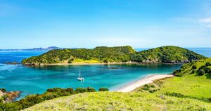 Waewaetorea Island, Bay of Islands, North Island, New Zealand, Oceania. Waewaetorea Island with Okahu Island in the background.