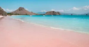 An Exotic Pink Beach (Long Beach) and blue clear water in Padar Island, Labuan Bajo, has become a favorite visiting place for domestic and foreign tourists