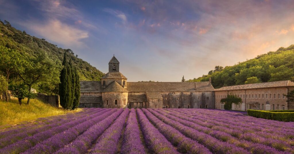 Shutterstock The Abbey of Senanque and the rows of lavender flowers in bloom at sunset, Gordes