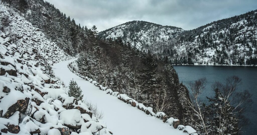 Shutterstock Snow covered carriage trail in winter in Acadia National Park