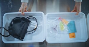 Top View on Passengers Placing Personal Items in Plastic Tray for Screening: Tablet Computer, Phone, Bag. Airport Security Checkpoint before Boarding Plane Flight. Security Officer Controls Procedure.