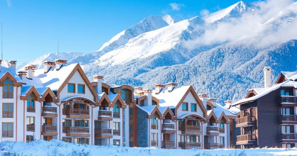 Shutterstock Wooden chalet, houses and snow mountains in Bulgarian ski resort Bansko, Bulgaria