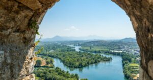 Looking at the lake from the arch of the Rozafa Castle wall in the city Shkoder. Albania