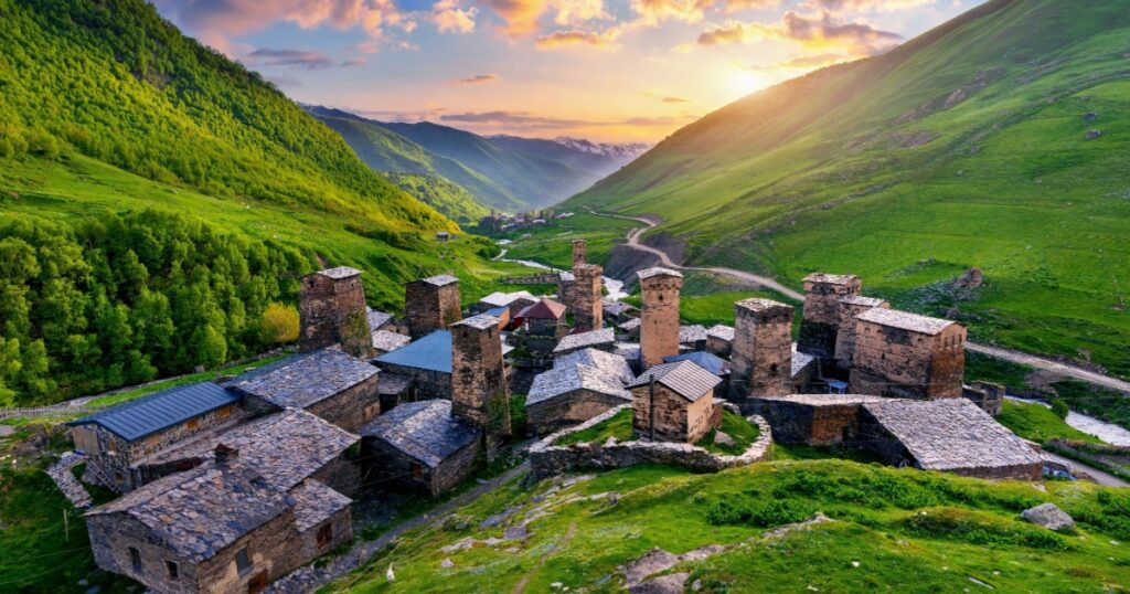 Shutterstock Ushguli village at sunset in Svaneti, Georgia.
