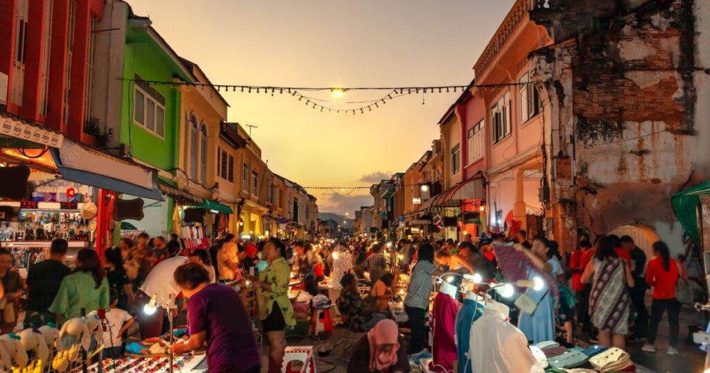Phuket Walking Street night market in Phuket old town, Thailand.
