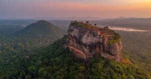 Sunrise aerial view of Sigiriya rock fortress in Sri Lanka.