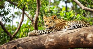 Sri Lankan leopard, lying on the tree in the nature habitat, Yala national park, Sri Lanka.