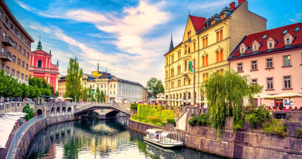 Cityscape view on Ljubljanica river canal in Ljubljana old town. 