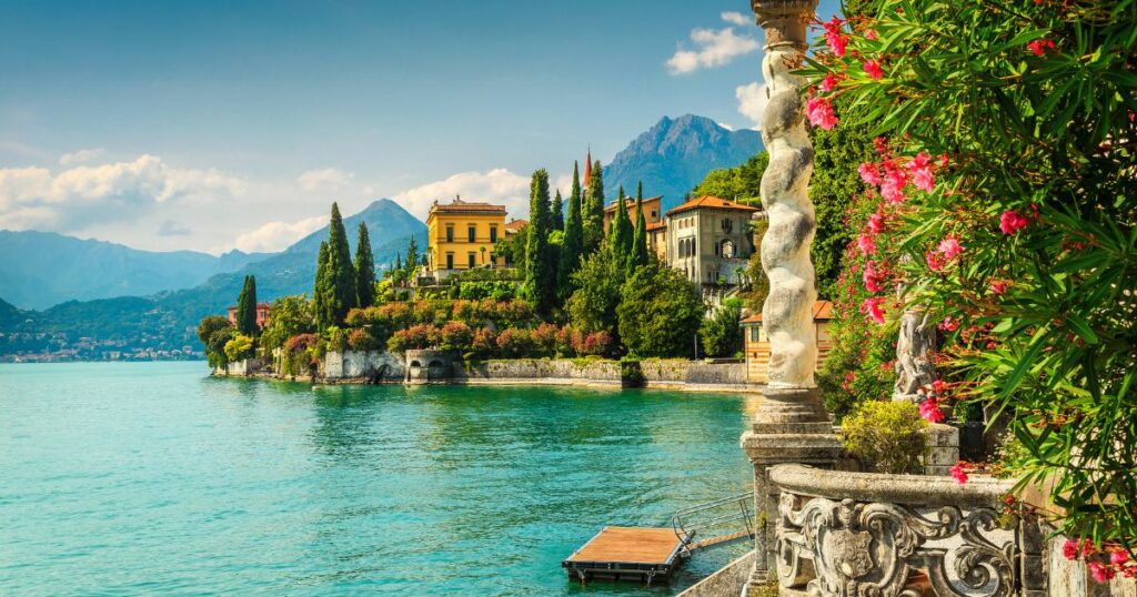 Shutterstock Famous luxury villa Monastero, stunning botanical garden decorated with mediterranean oleander flowers, lake Como, Varenna, Lombardy region, Italy, Europe