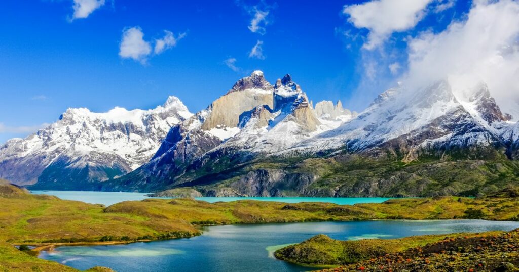 Shutterstock Beautiful Patagonia landscape of Andes mountain range, winding road and lake at Torres del Paine National Park, Chile.