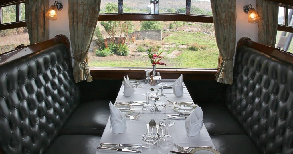 Shutterstock Rovos Rail vintage steam train interior dining cart
