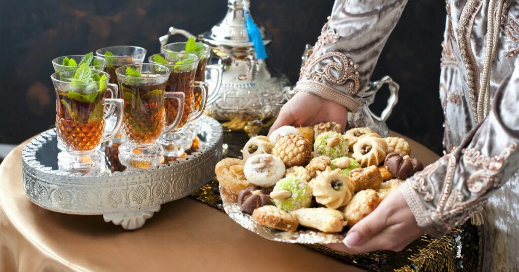 Shutterstock Oriental tea tray and cookies symbolising Moroccan hospitality.