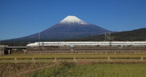 Shinkansen train with Mount Fuji in the background