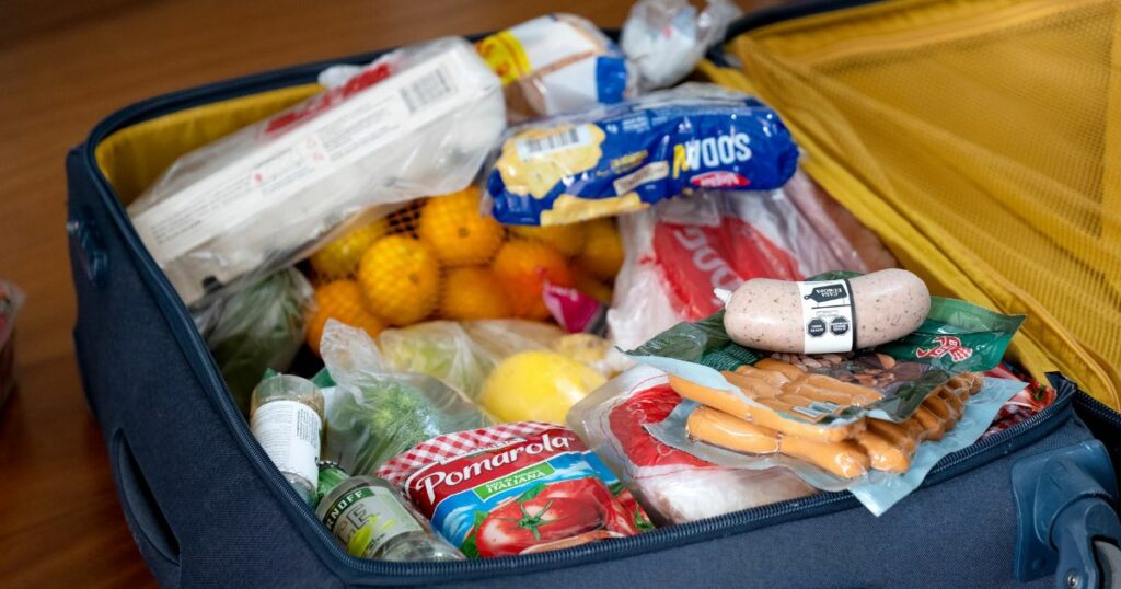 Shutterstock Luggage full of groceries and food products