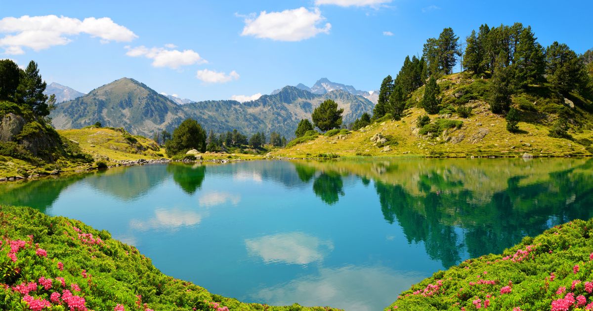Beautiful mountain landscape in Neouvielle national nature reserve, Lac de Bastan inferieur, French Pyrenees.