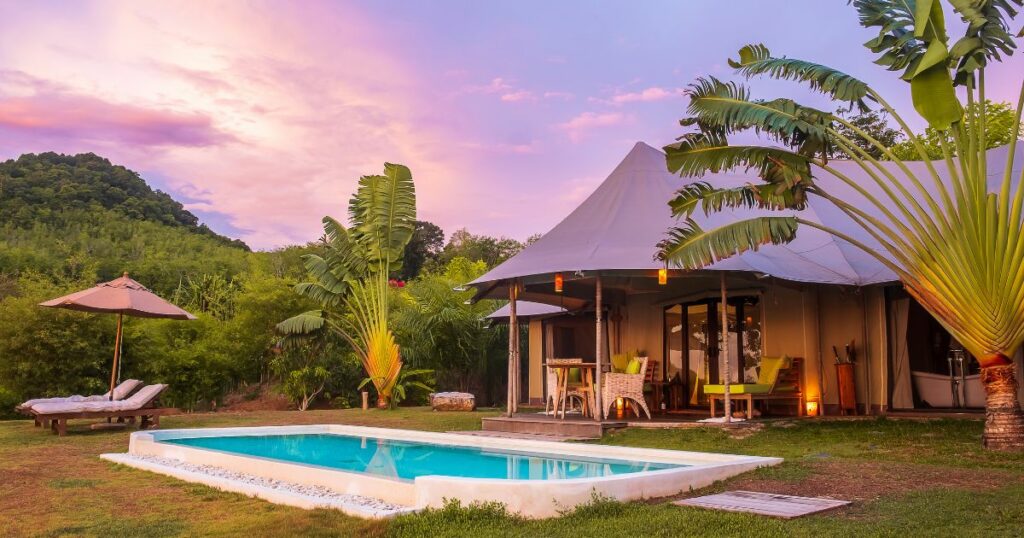 Shutterstock Luxury glamping resort with swimming pool