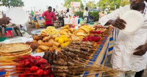 A food market in Africa with traditional street food