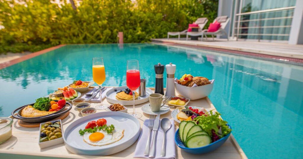 Shutterstock Breakfast tray in swimming pool in Maldives