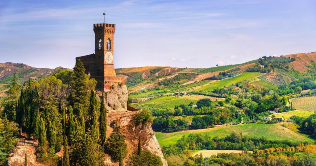 Shutterstock Brisighella historic clock tower on the cliff. This 1800s architecture is known as the Torre dell'Orologio. Ravenna province, .Emilia Romagna region, Italy, Europe.