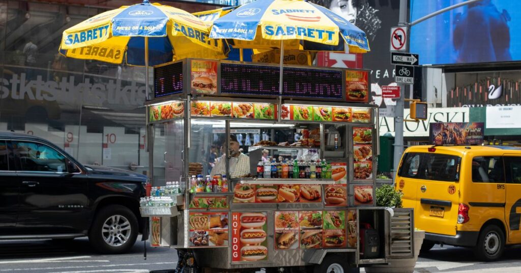 Shutterstock A Sabrett food cart that sells hot dogs in Times Square, New York City