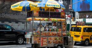 A Sabrett food cart that sells hot dogs in Times Square, New York City