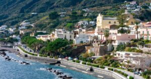 Aerial View of Salina Island. City of Santa Marina Salina. Lipari Eolie Islands,Tyrrhenian Sea. Sicily, Italy.