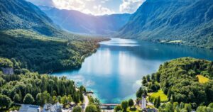 Aerial view of Bohinj lake in Julian Alps. Popular touristic destination in Slovenia.