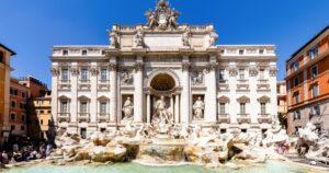 Rome, Italy - April 11, 2024: View of the details of the sculptures of the Trevi Fountain in Rome, Italy