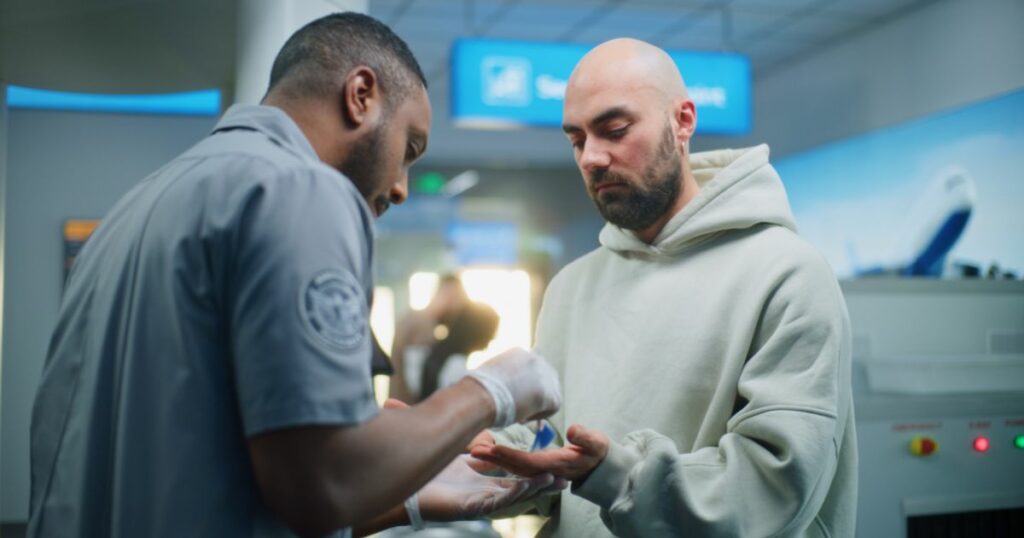 Shutterstock A security person taking swabs of a man's hands to check for traces of explosives residue