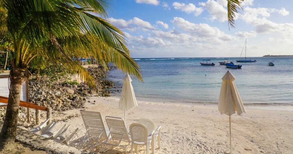 Shutterstock A serene beach in Akumal, Mexico, featuring palm trees, lounge chairs, and white sand