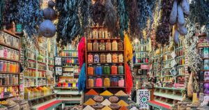 A traditional spice and herbal shop in Marrakech, Morocco.