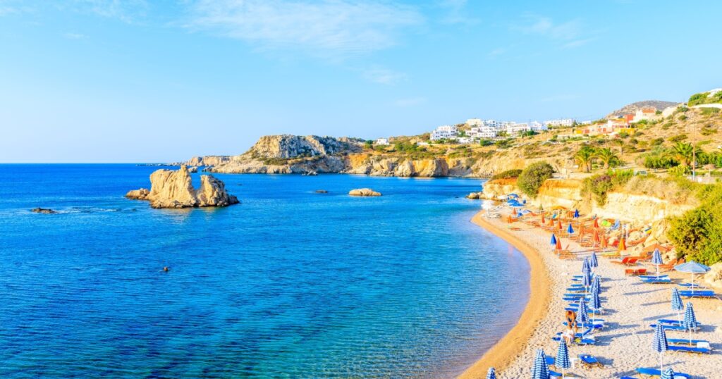Amazing bay with beach in Ammopi village on sea coast of Karpathos island, Greece