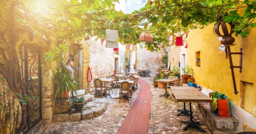Street in medieval Eze village at french Riviera coast, Cote d'Azur, France
